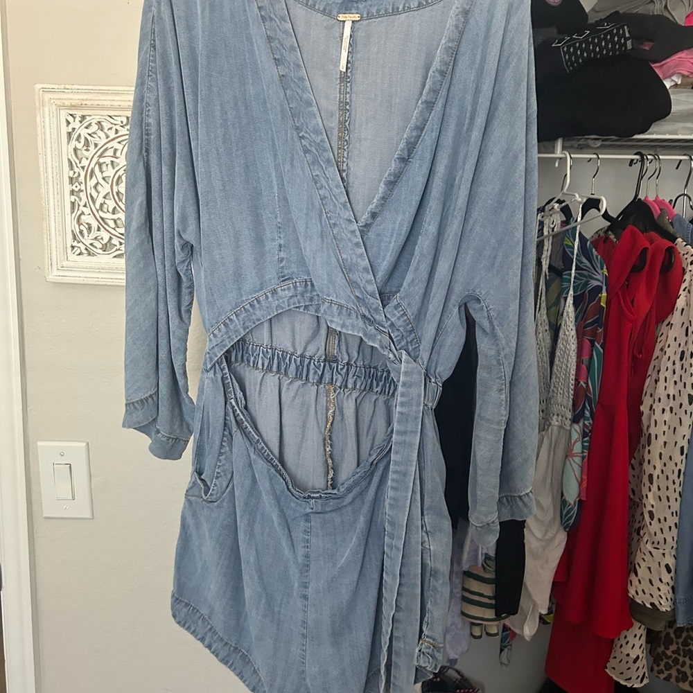 Free People Light Blue Denim Romper with Wrap Front - Picture 2 of 2